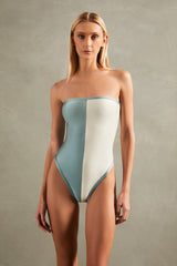 Vintage Orchid Bicolor Strapless Swimsuit Blue And Off White Front
