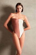 Vintage Orchid Bicolor Strapless Swimsuit Brown and Off White Front