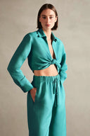 Vintage Orchid Solid Cropped Knot Shirt Turquoise Front