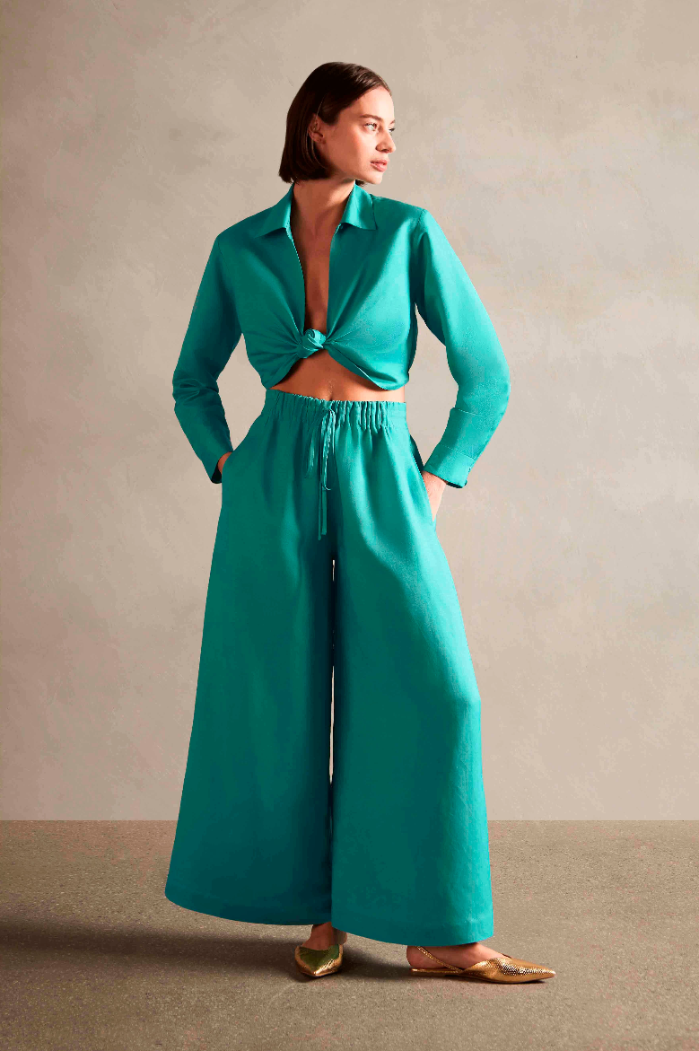 Vintage Orchid Solid Wide-Leg Pants Turquoise Front