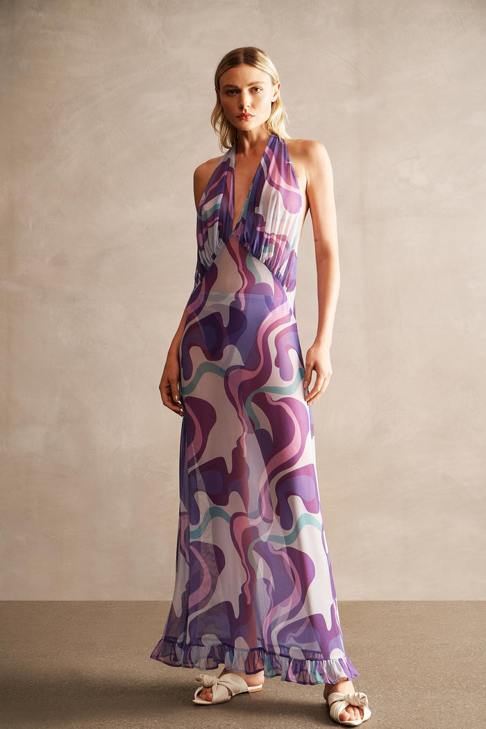 Wedasa Resort Flowy Round Neck Long Sleeve Print Woven Maxi Dress