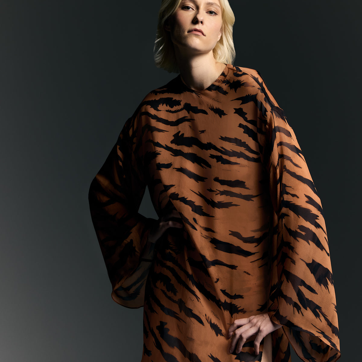 Women's Wide Sleeve Silk Mini Dress | Color: Tiger | Size: Medium by Adriana Degreas Women's Wide Sleeve Silk Mini Dress | Color: Tiger | Size: Medium by Adriana Degreas