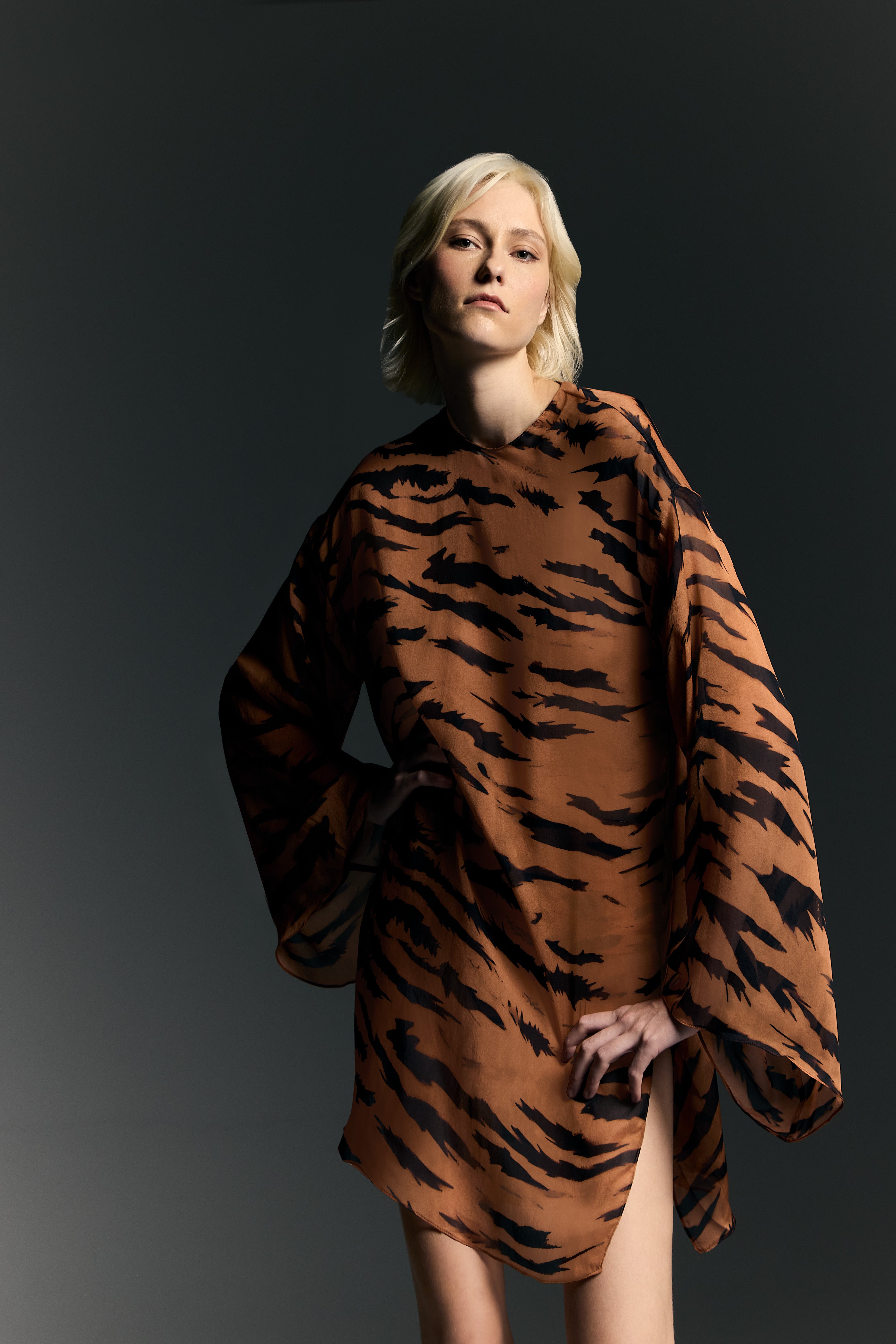 Model wearing the Wide Sleeve Silk Mini Dress front from the Adriana Degreas and Sabine Getty collab with 100% Silk styled for a casual look.