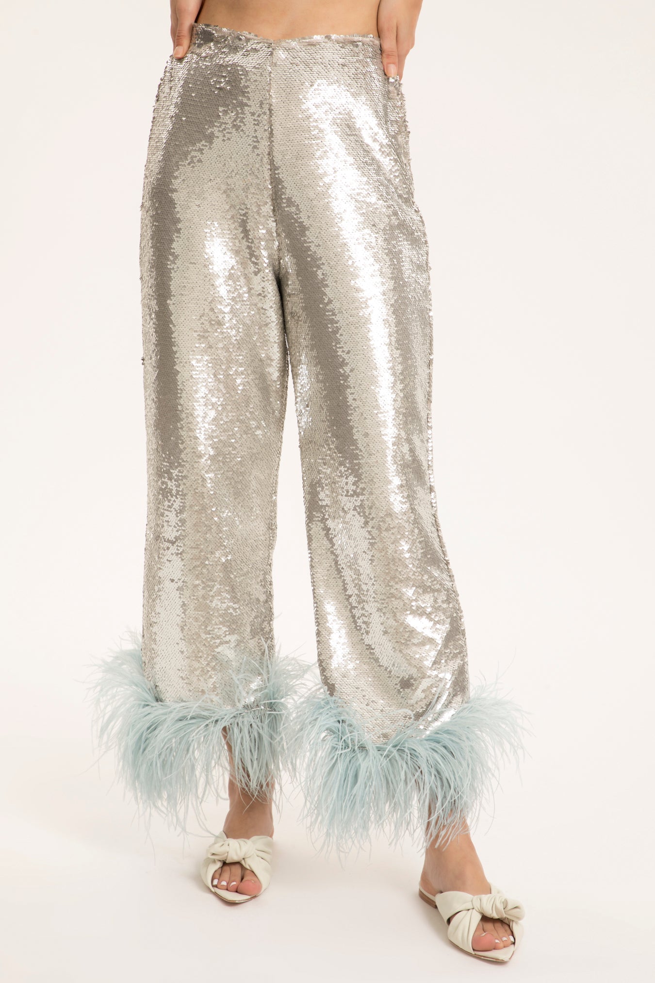 Sequins Wide-Leg Pants With Feathers