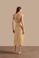 Back view of Adriana Degreas' Jeans V-Neck Top in denim-inspired caramel, featuring a deep V-neckline and wide straps.
