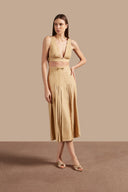 Front view of Adriana Degreas' Jeans V-Neck Top in denim-inspired caramel, featuring a deep V-neckline and wide straps.
