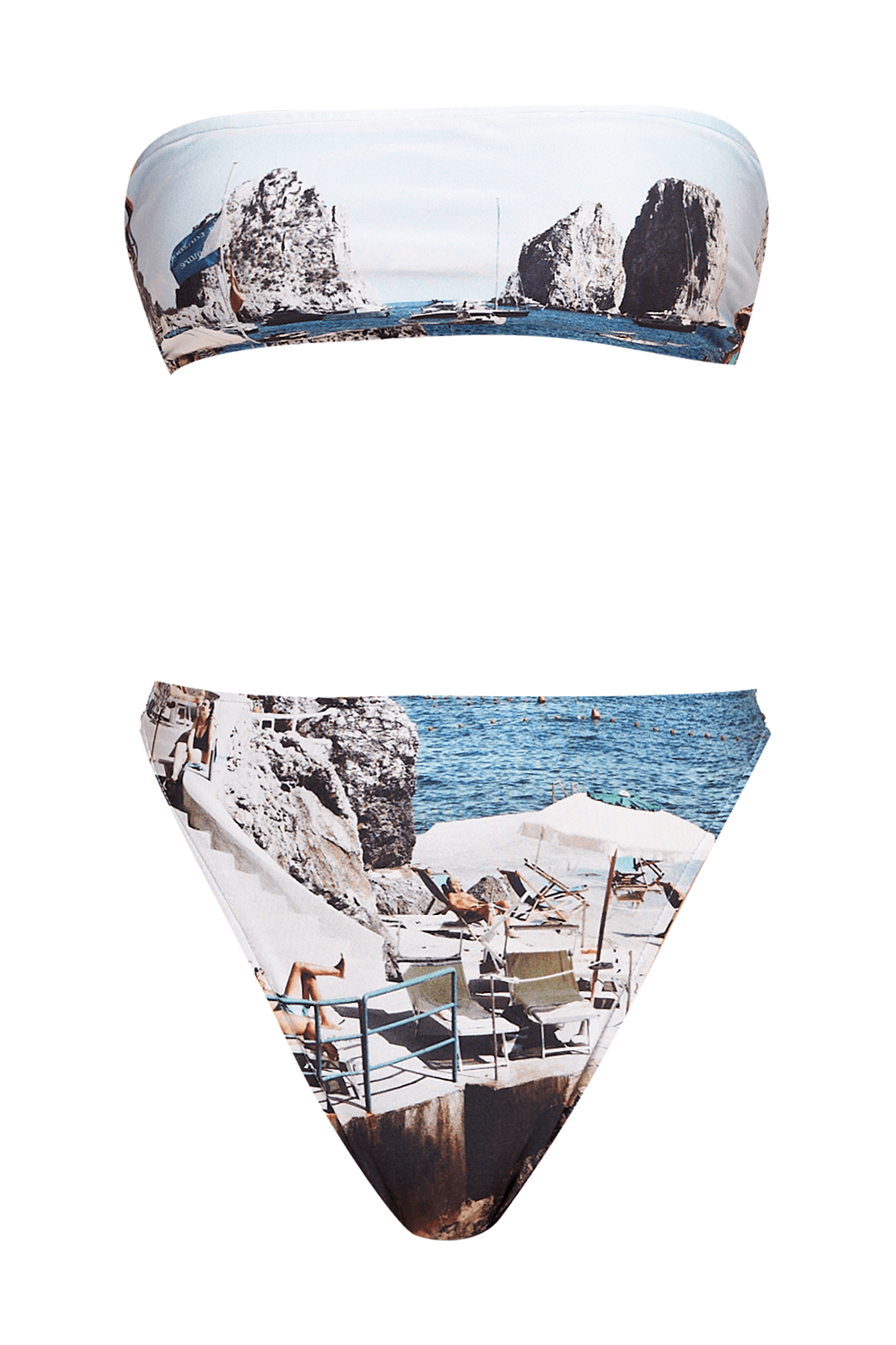 Flat-lay of Adriana Degreas' Postcard High-Leg Bandeau Bikini, featuring a strapless bandeau top and high-leg bottom in a blue postcard print.