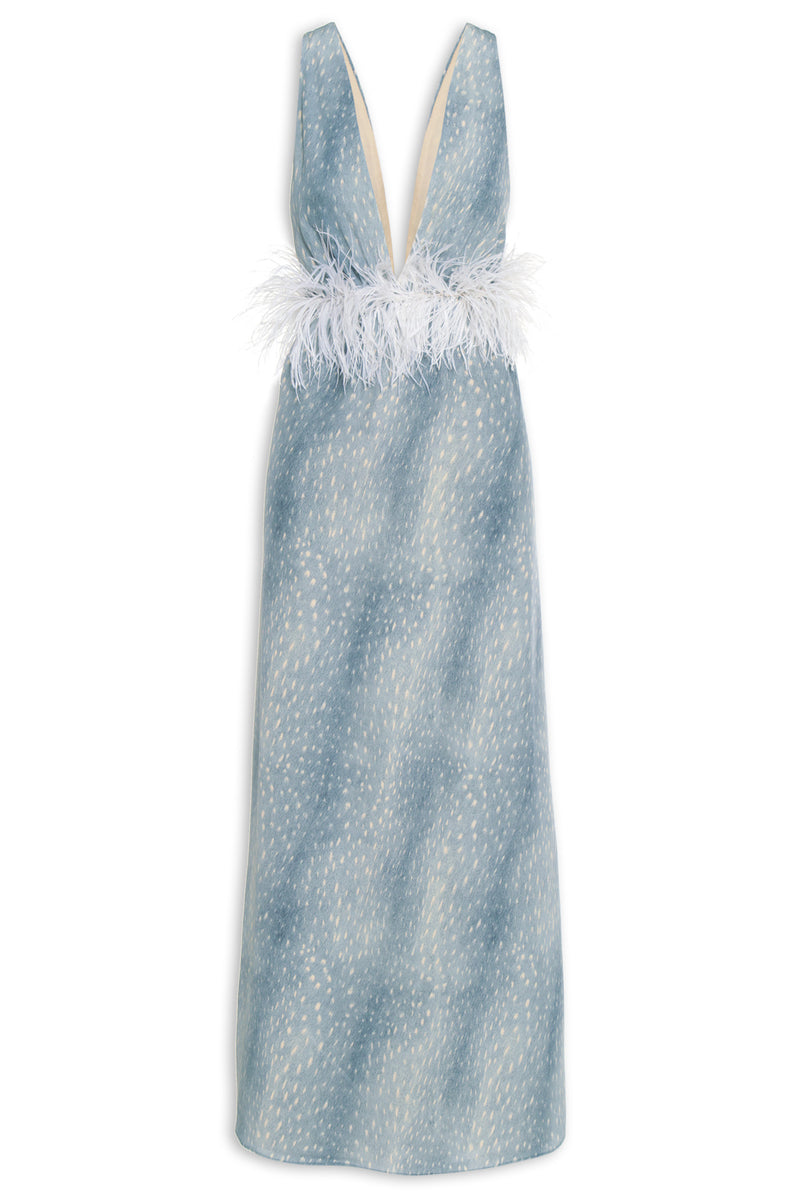 Stone V-Neck Long Dress With Feathers