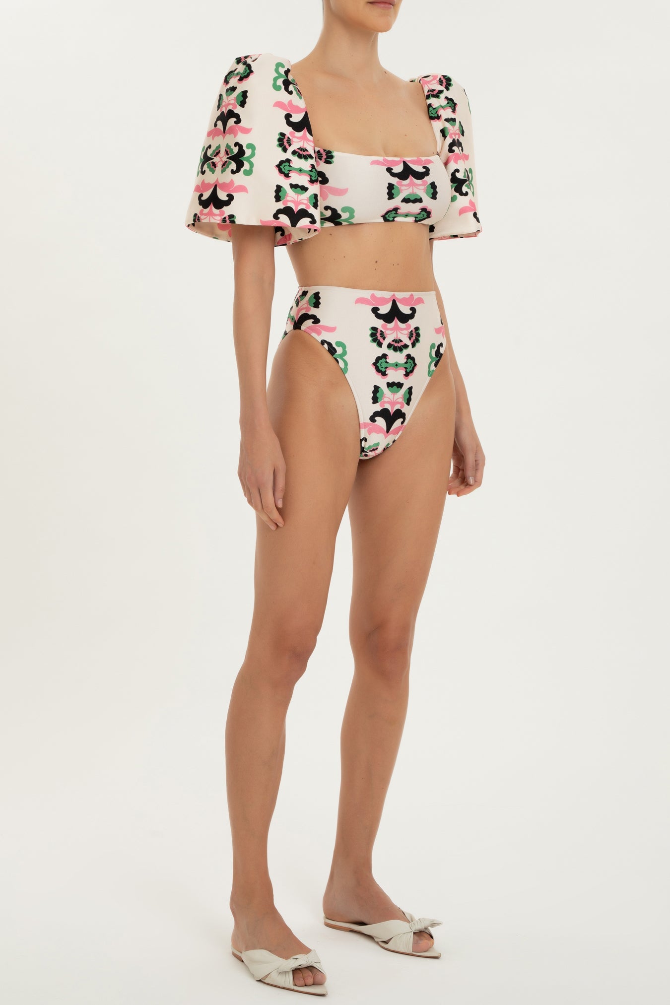 Twisted Flower High-leg Puff-sleeved Bikini