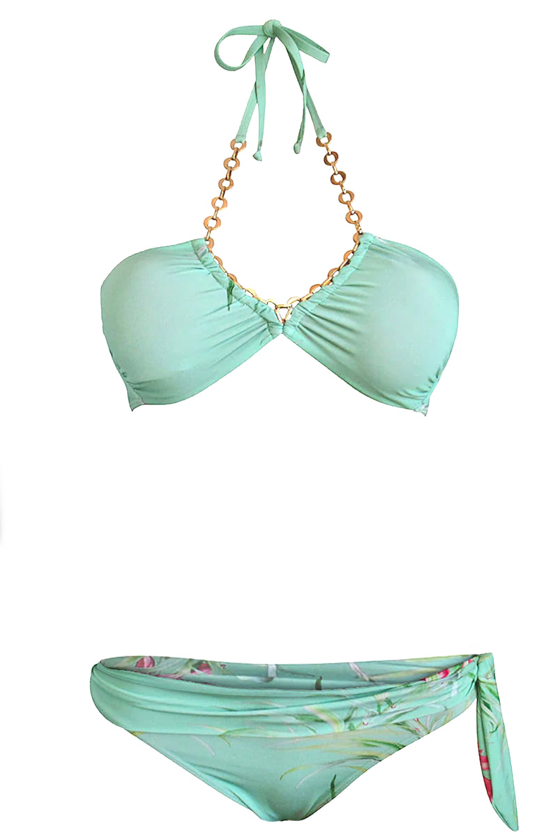 Tropical Floral Print Chain Detail Bikini
