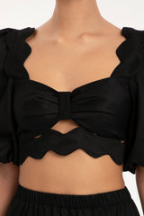 Moves Color Puff-sleeved Cropped Blouse