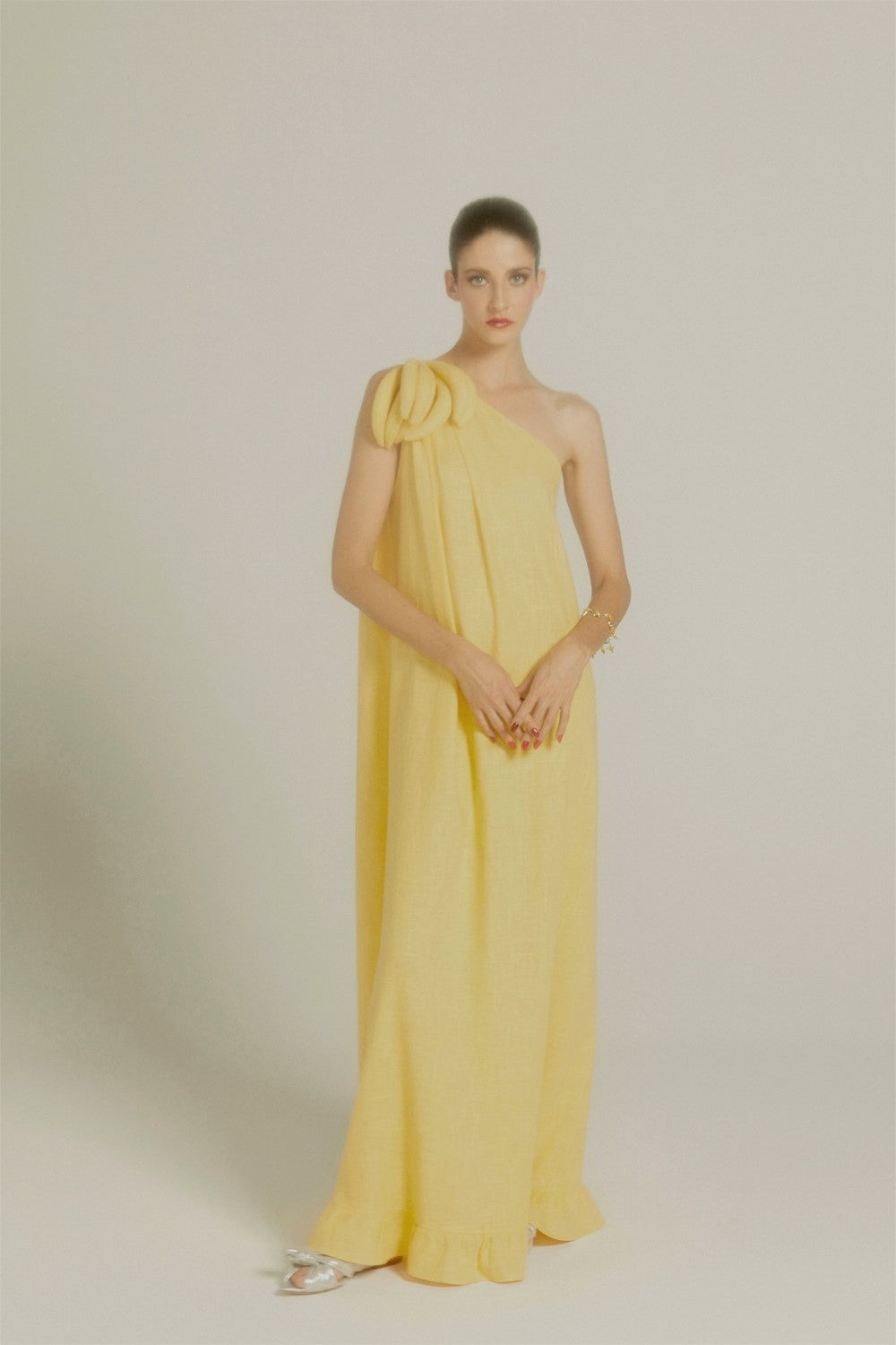 Banana One Shoulder Long Dress with Bananas Detail Front