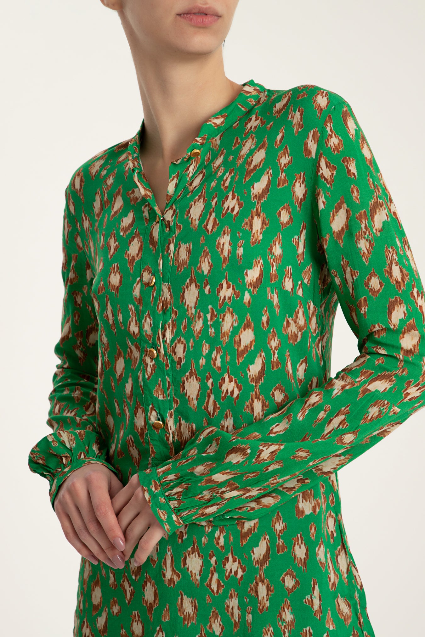 Brush Leopard Print Green Viscose Shirt Detail