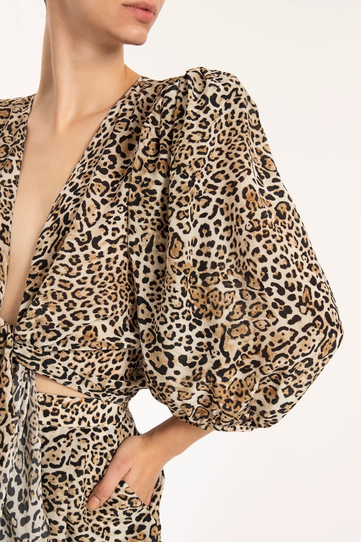 Leopard Puff-Sleeved Cropped Blouse With Knot