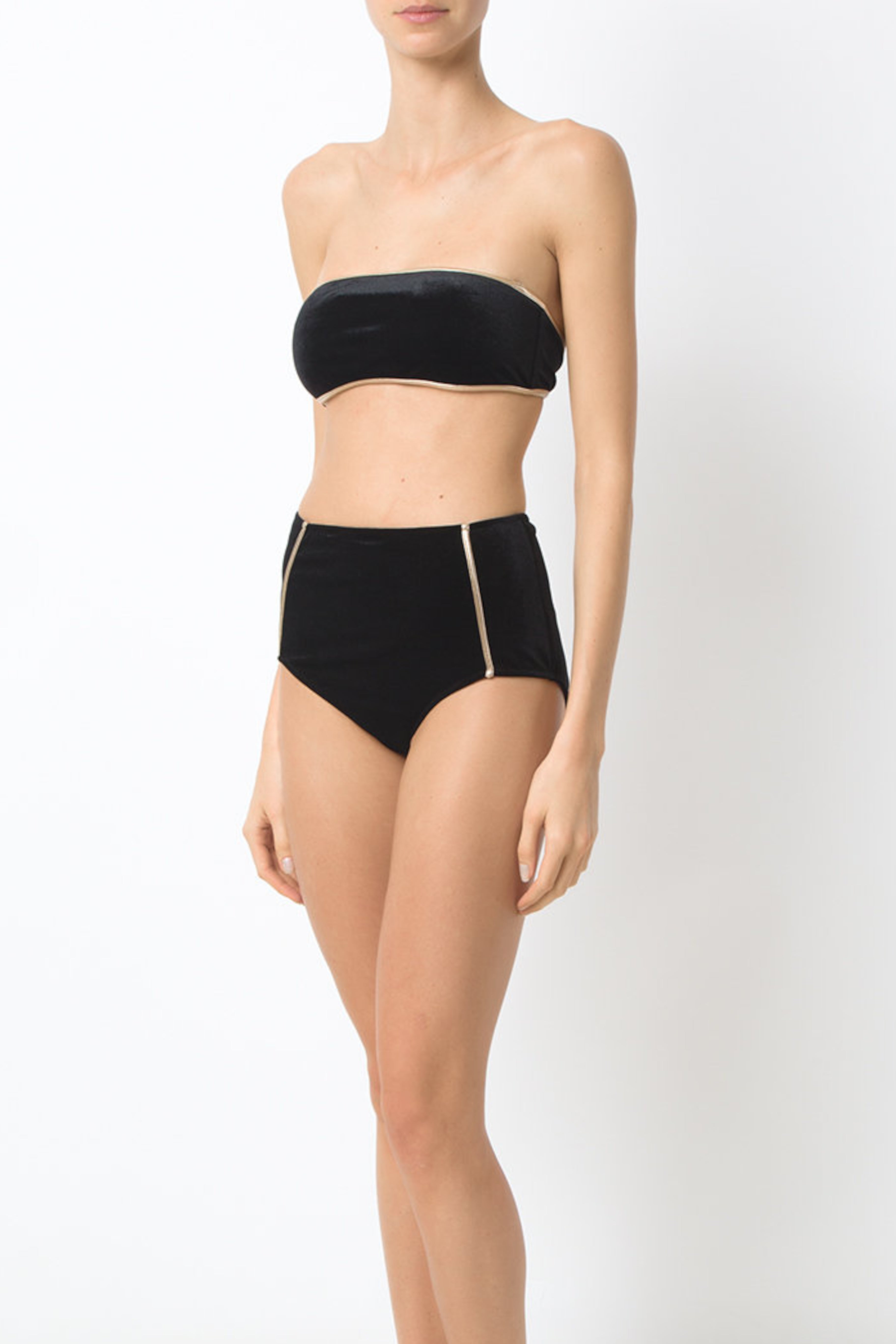 Cavaliere Black Velvet Hot Pants Bikini with Gold Detail Front