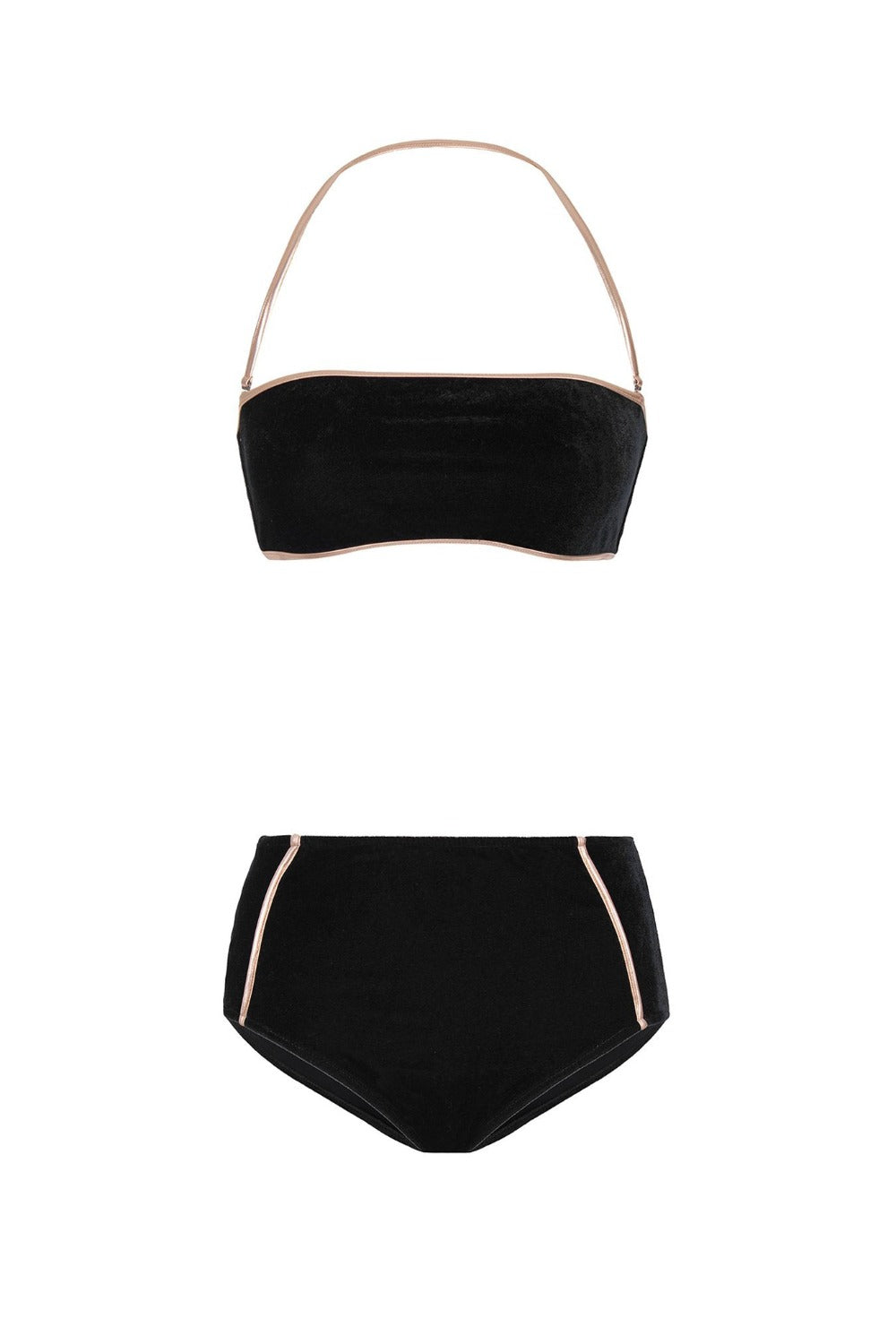 Cavaliere Black Velvet Hot Pants Bikini with Gold Detail Product Front