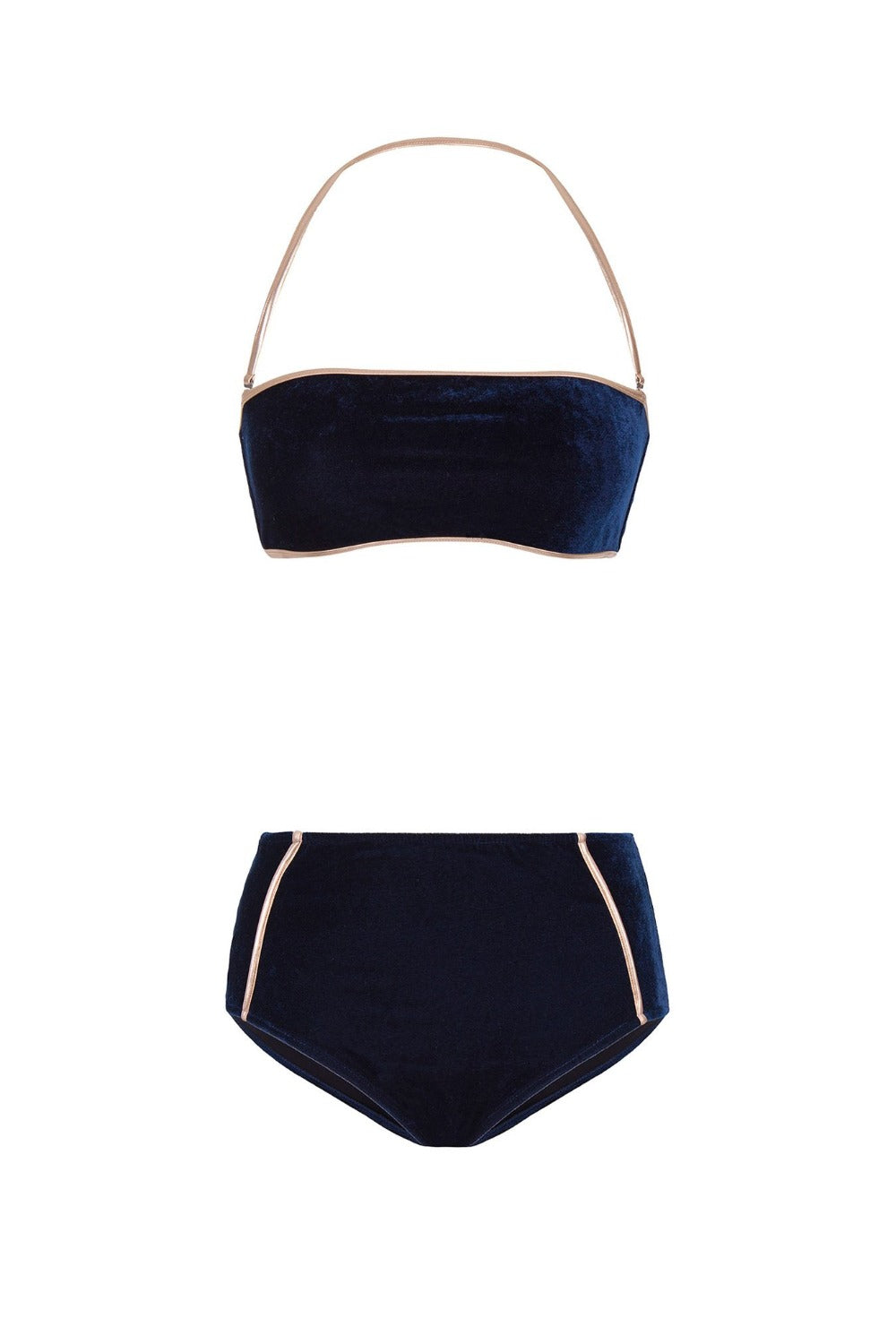 Strapless hot pants bikini is made from rich black/navy velvet with golden details around borders