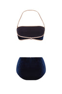 Cavaliere Navy Velvet Hot Pants Bikini with Gold Detail Product Back