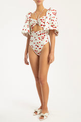Cherry Bomb Off White Puff-Sleeved High-Leg Swimsuit Front