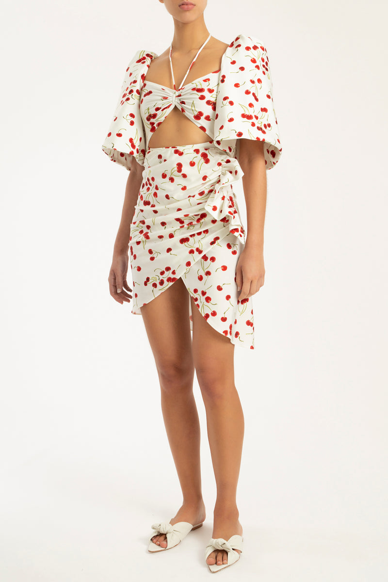 Cherry Bomb Off White Puff-Sleeved High-Leg Swimsuit With Skirt