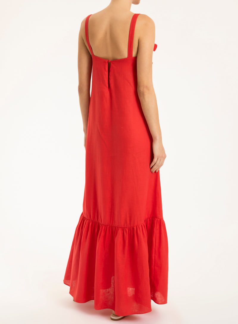 Cherry Bomb Solid Red Long Dress With Straps Back