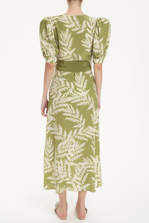 Classic Foliage Silk Midi Dress With Sash Back