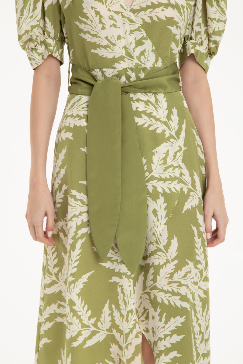 Classic Foliage Silk Midi Dress With Sash Detail