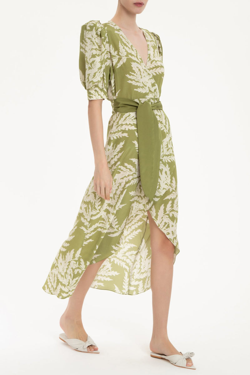 Classic Foliage Silk Midi Dress With Sash Front 2