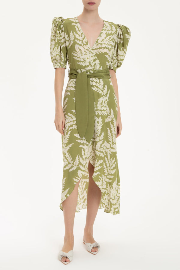 Classic Foliage Silk Midi Dress With Sash Front