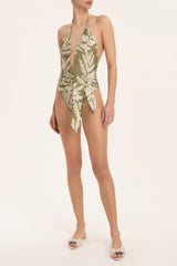 Classic Foliage Halterneck Swimsuit With Knot Front
