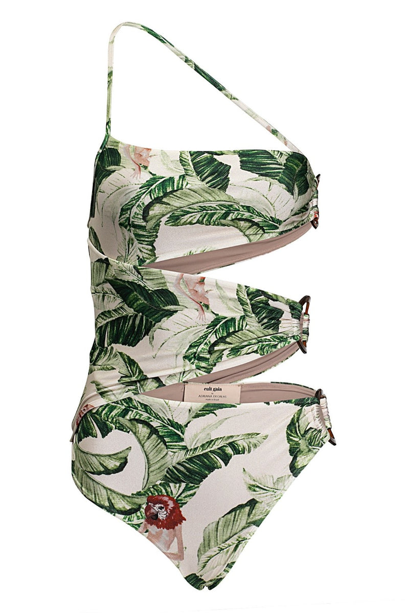 Pieces with cut-outs and acrylic details in surrealistic prints like this halterneck one shoulder swimsuit are perfect for your next tropical summer escape