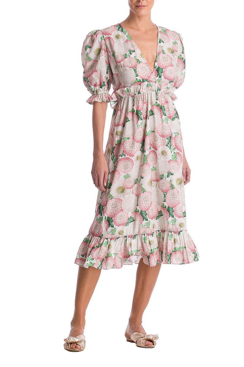 Women's Dahlia Midi Dress with Puff Sleeves | Color: Off White