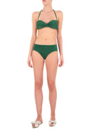 The solid plisse bikini briefs offer good coverage, while the bandeau top minimizes tan lines – it also offers an extra adjustable strap for your comfort fit