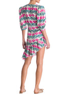 Crafted in silk, this cocktail dress has puffed sleeves and falls perfectly to an asymmetric hem