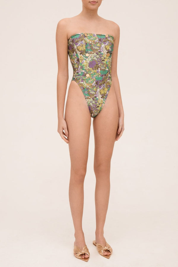 Flower Bloom High-leg Strapless Swimsuit With Buttons