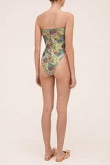Flower Bloom High-leg Strapless Swimsuit With Buttons