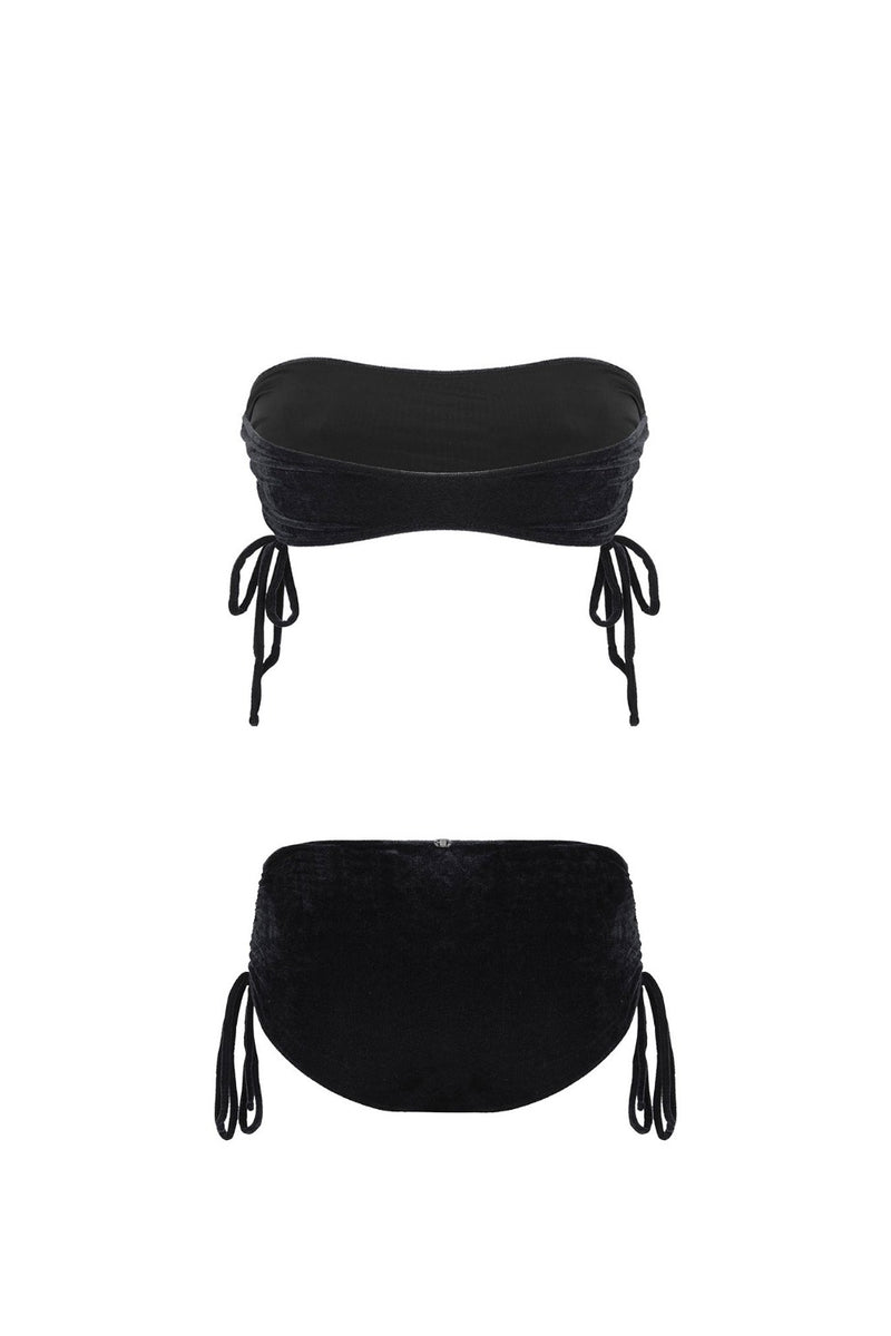 Chic black velvet bandeau top bikini with side ties helps you to find your perfect fit