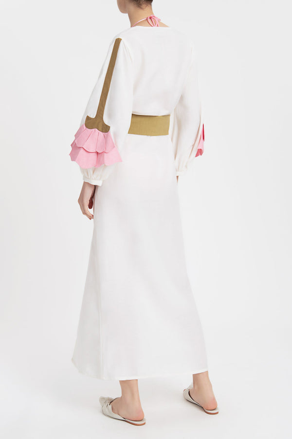 Solid Carre Vintage Puff-sleeved Long Robe