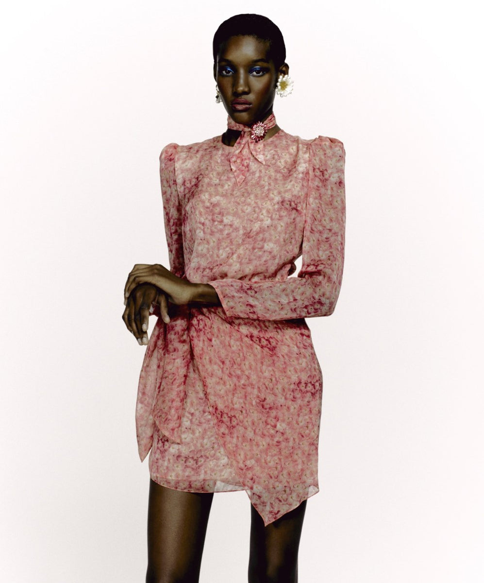 hydrangea mini dress Women's Hydrangea Puff-Sleeved Print Short Dress With Knot | Color: Black