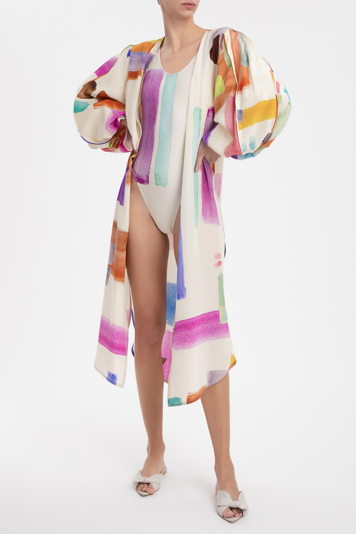 Illusion Puff-Sleeved Midi Robe With Swimsuit