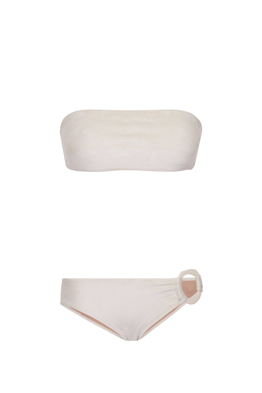This strapless top bandeau bikini is ideal for those with smaller busts and comes with low-rise briefs with a chic resin buckle detail