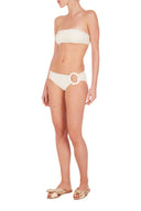 This strapless top bandeau bikini is ideal for those with smaller busts and comes with low-rise briefs with a chic resin buckle detail