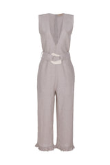 The chic lightweight linen-blend jumpsuit that comes with the matching belt with resin buckle detail has inspirations from vintage references from 1970’s style