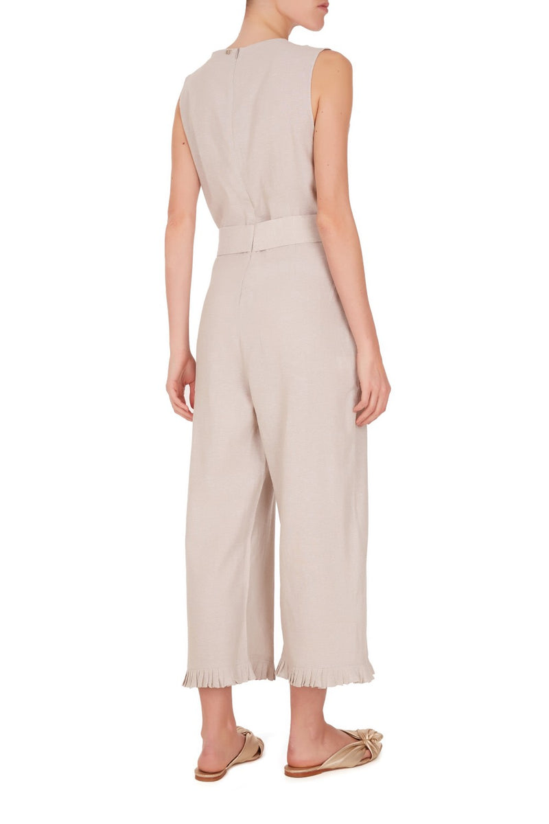 The chic lightweight linen-blend jumpsuit that comes with the matching belt with resin buckle detail has inspirations from vintage references from 1970’s style