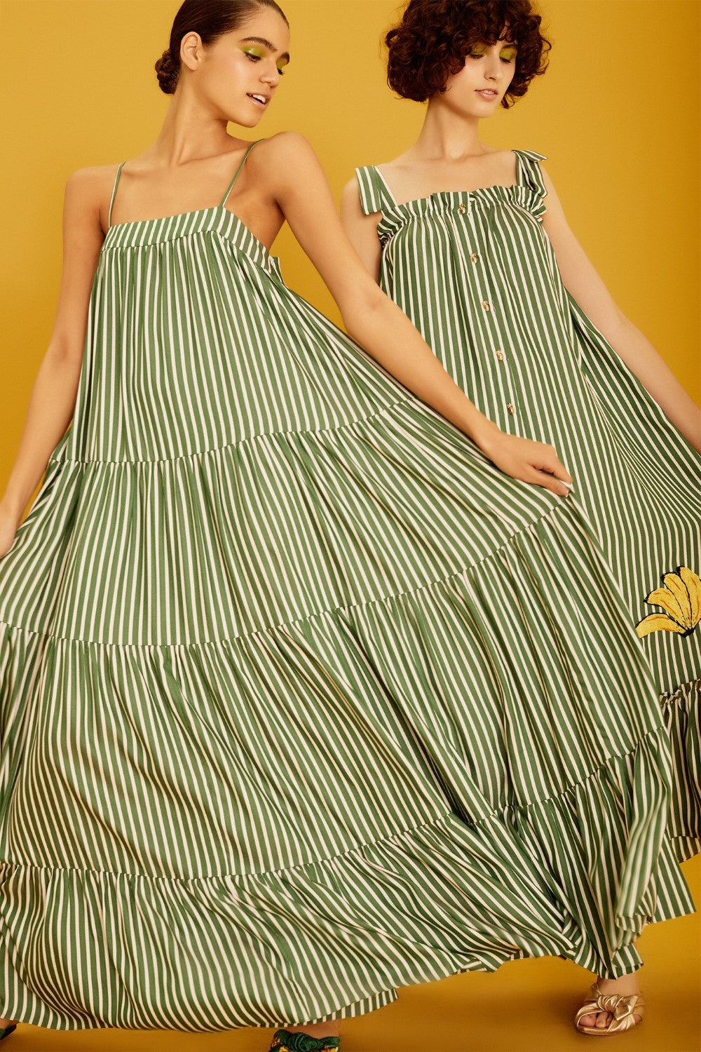 Josephine Striped Green Long Dress with Banana Detail Campaign Image