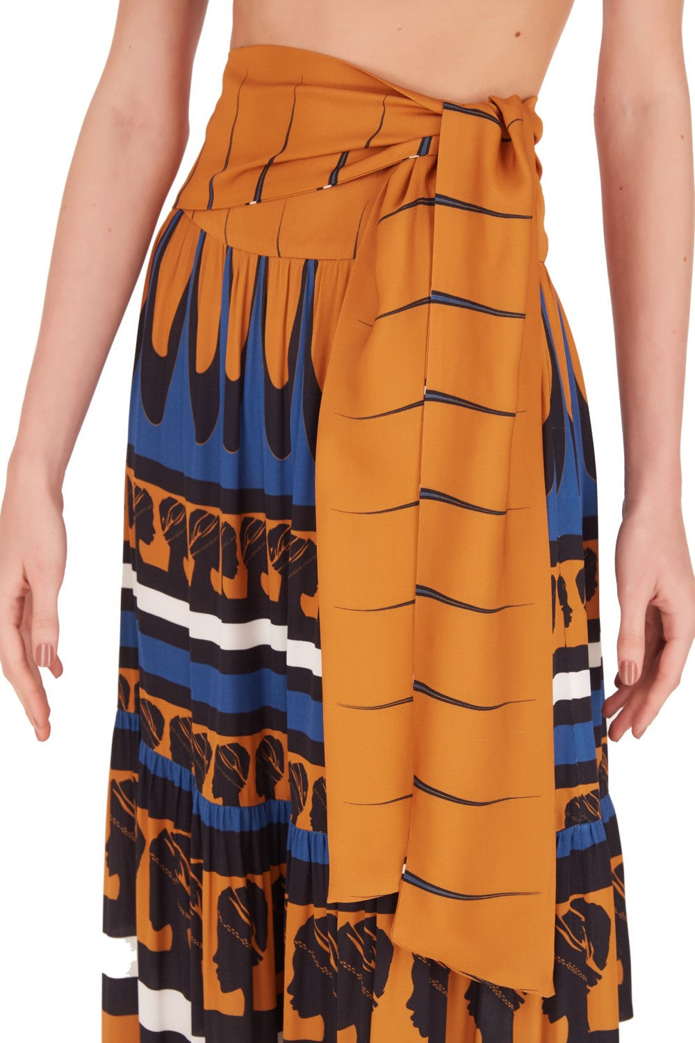 Crafted from viscose this waist-tie skirt is cut to a high-rise silhouette and features La Africana head in blue, yellow and black