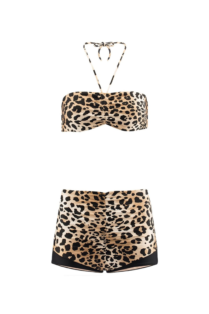 These glamorous leopard print hot pants are made of an elegant stretch fabric and the top comes with an adjustable skinny necktie for support