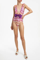 Lipstick Halterneck Ruffled Swimsuit With Bow Front