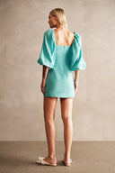 Lipstick Solid Puff-Sleeved Short Dress Back