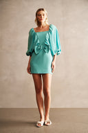Lipstick Solid Puff-Sleeved Short Dress Front